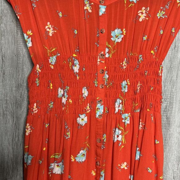 Free People Button Up Dress Red Color Floral Print Smocked Waist Sleeveless Sz L - Picture 3 of 11
